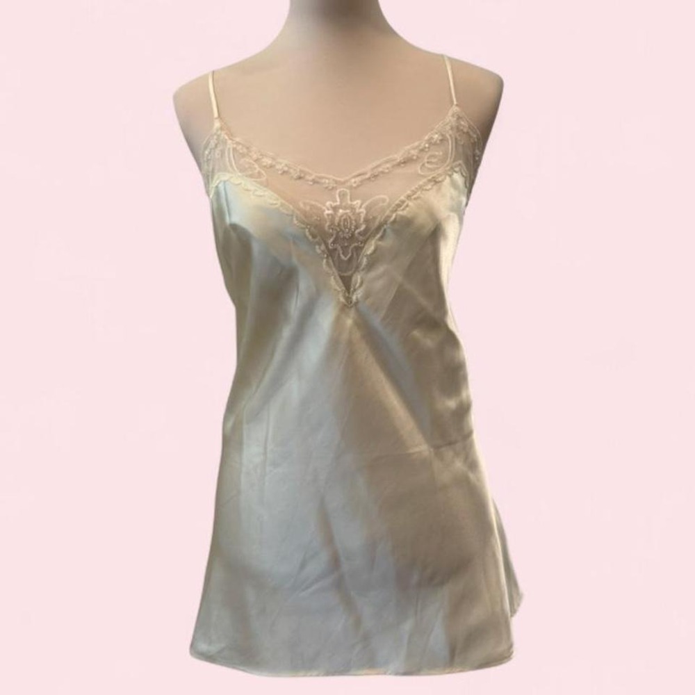 Vintage Cream Silk Satin Cami | Lace & Beading Detail | Size 18